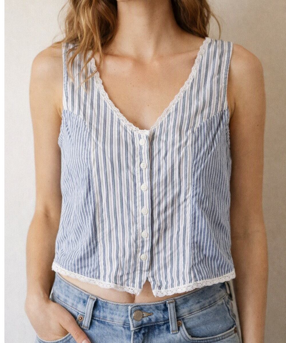 American Eagle Striped Button Up Sleeveless Tank Vest Blue White Medium